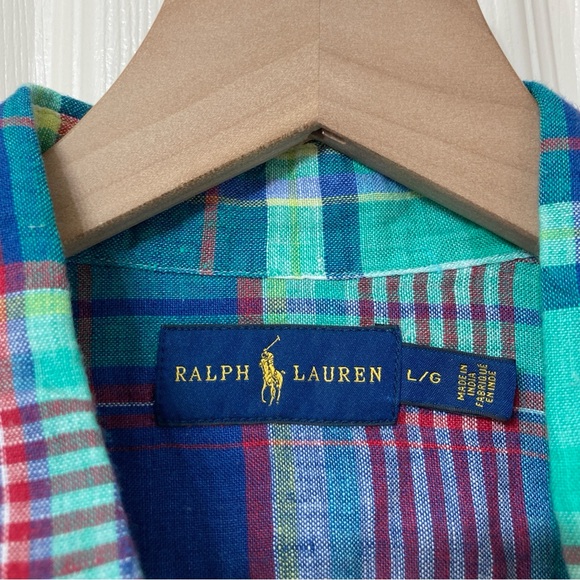 Ralph Lauren Blue Madras Plaid Linen Button Down Shirt LRG Resort Summer Preppy - Picture 2 of 9